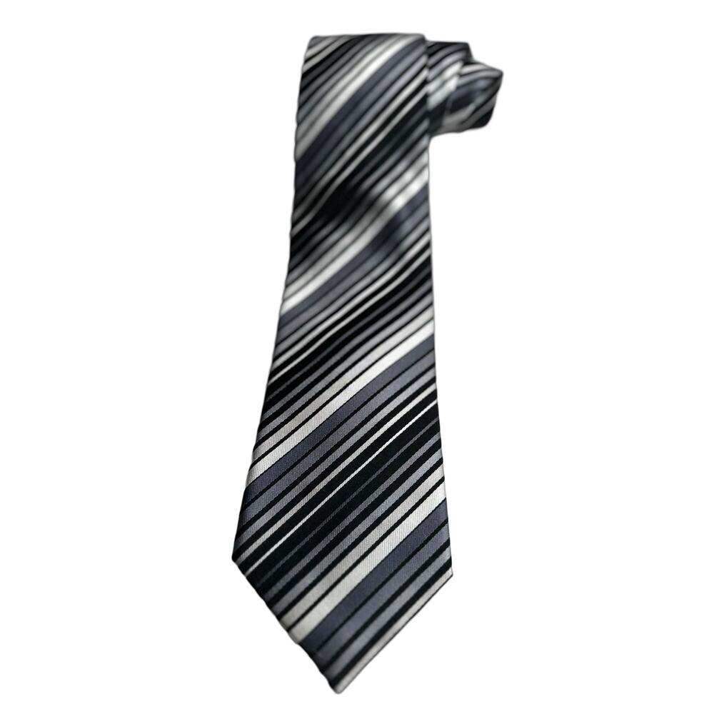 Vintage Enrico Rossini Black, Gray White Diagonal Stripe 100% Handmade Silk Tie